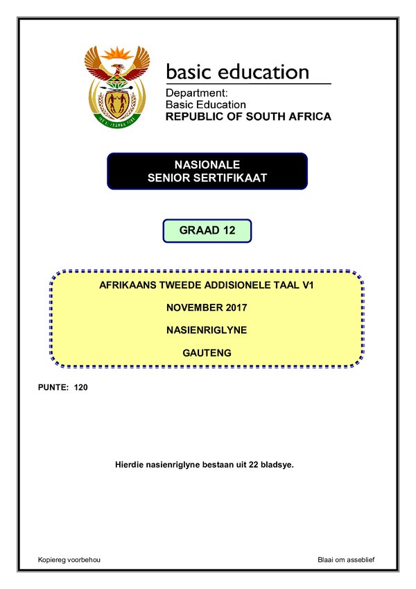 Grade 12 Afrikaans past paper 2017 – Afrikaans SAL P1 memo (Gauteng)