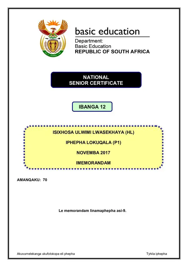 Isixhosa Hl P1 Memo