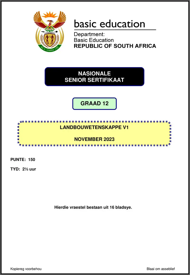 Grade 12 Agricultural Sciences past paper 2023 – agricultural sciences p1 nov 2023 afr gr12