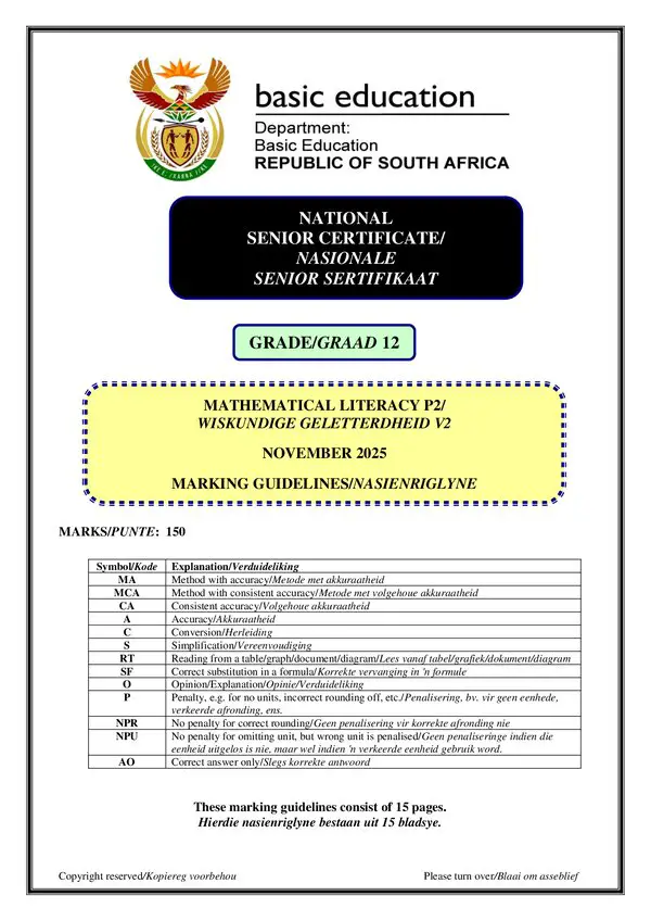 Mathematical Literacy Memo 2 (Afrikaans And English)