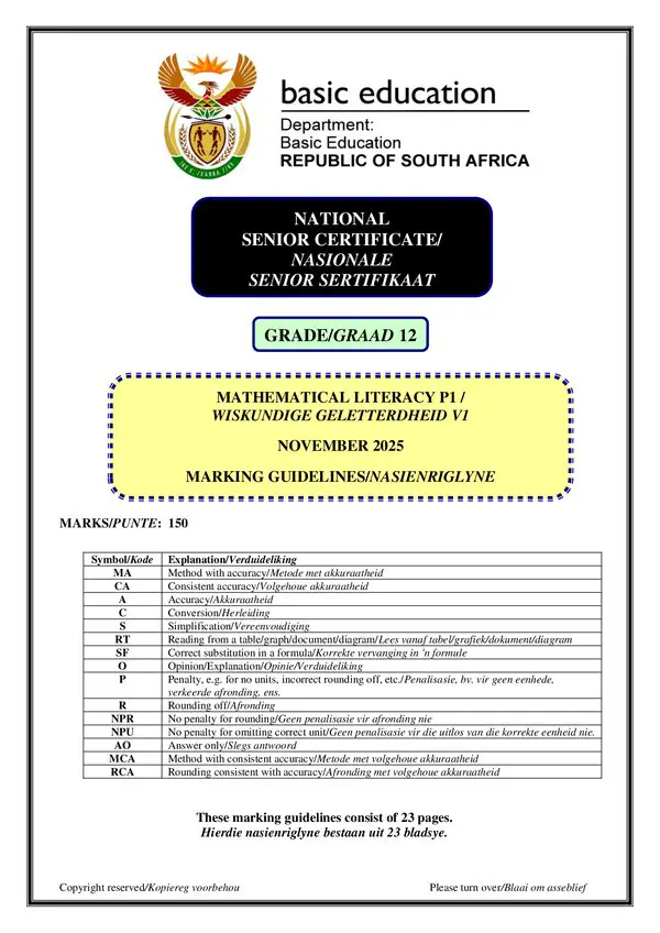 Mathematical Literacy Memo 1 (Afrikaans And English)
