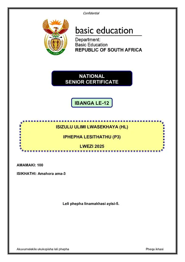 Grade 12 isiZulu past paper 2025 – IsiZulu HL P3