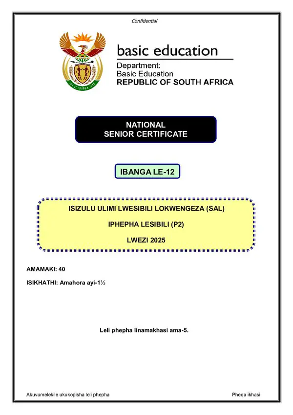 Grade 12 isiZulu past paper 2025 – IsiZulu SAL P2