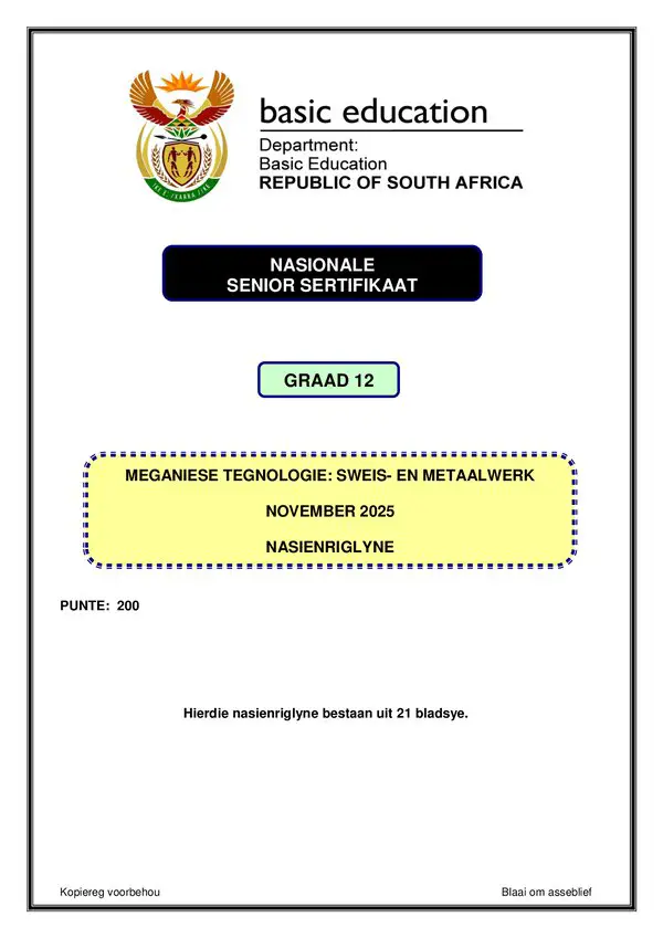 Mechanical Technology Welding And Metalwork Memo 1 (Afrikaans)
