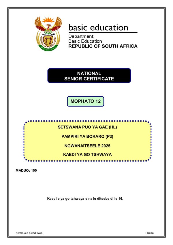 Grade 12 Setswana past paper 2025 – Setswana HL P3 memo