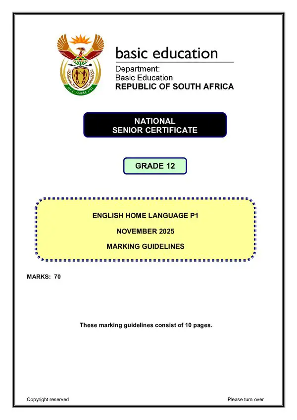 Grade 12 English past paper 2025 – English HL P1 memo