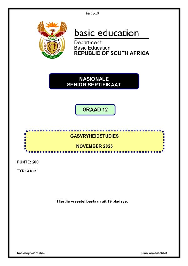 Grade 12 Afrikaans past paper 2025 – Hospitality Studies Paper 1 (Afrikaans)