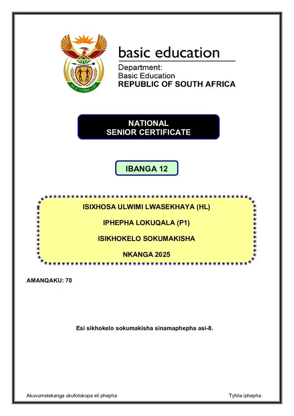 Isixhosa Hl P1 Memo