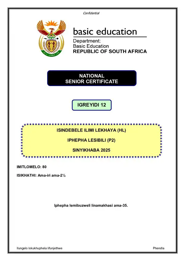 Grade 12 isiNdebele past paper 2025 – IsiNdebele HL P2