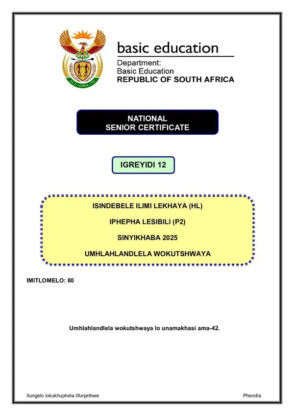 Isindebele Hl P2 Memo