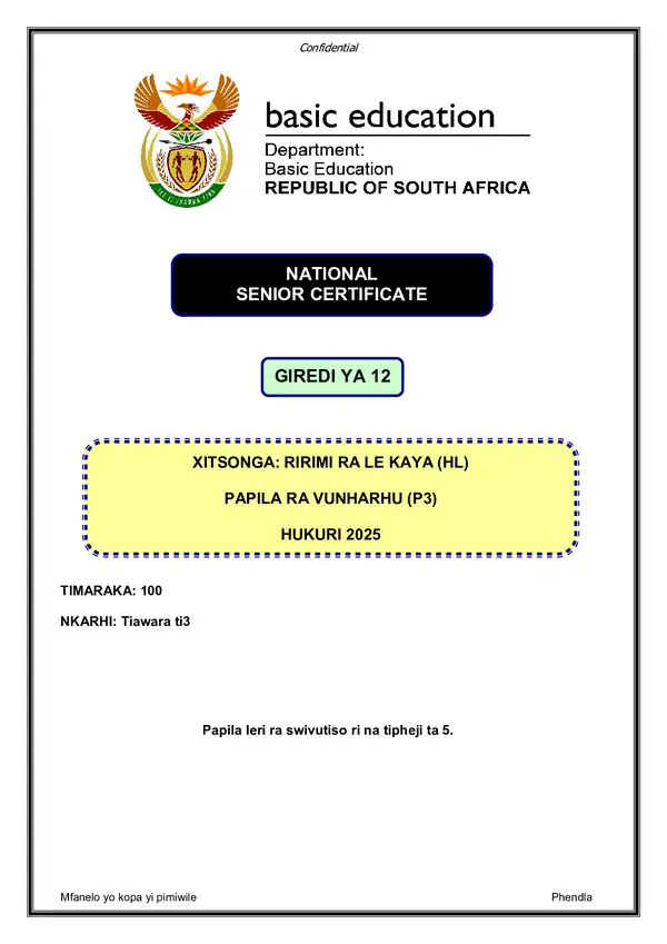 Grade 12 Xitsonga past paper 2025 – Xitsonga HL P3