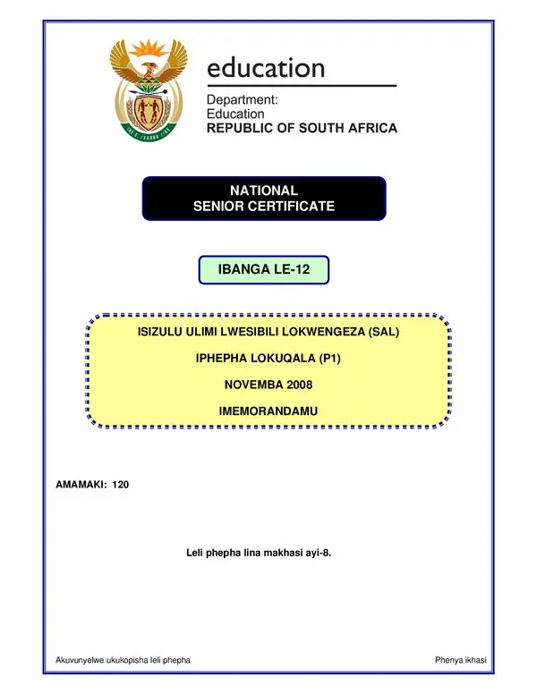 Isizulu Sal P1 (Kwa Zulu Natal) Memo
