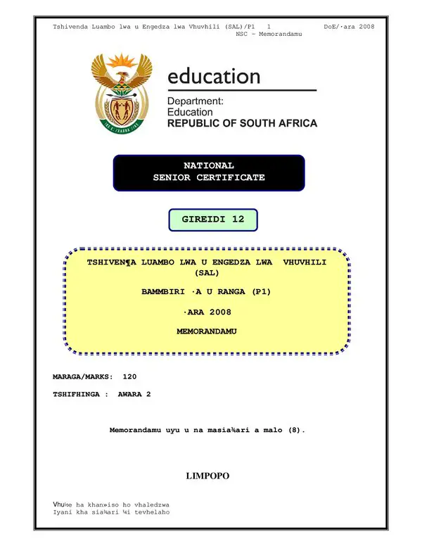 Tshivenda Sal P1 (Limpopo) Memo