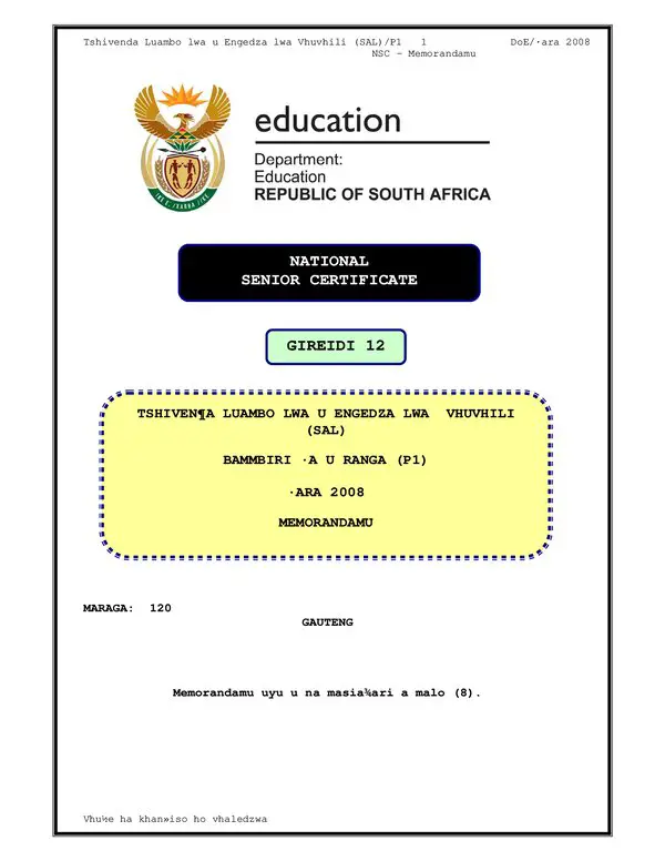 Tshivenda Sal P1 (Gauteng) Memo