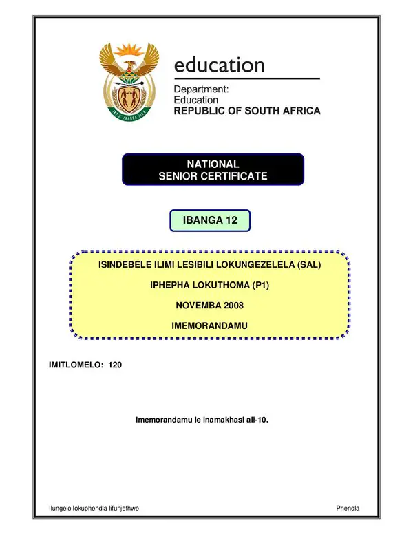 Isindebele Sal P1 (Gauteng) Memo