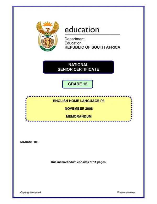 Grade 11 English past paper 2008 – English HL P3 memo
