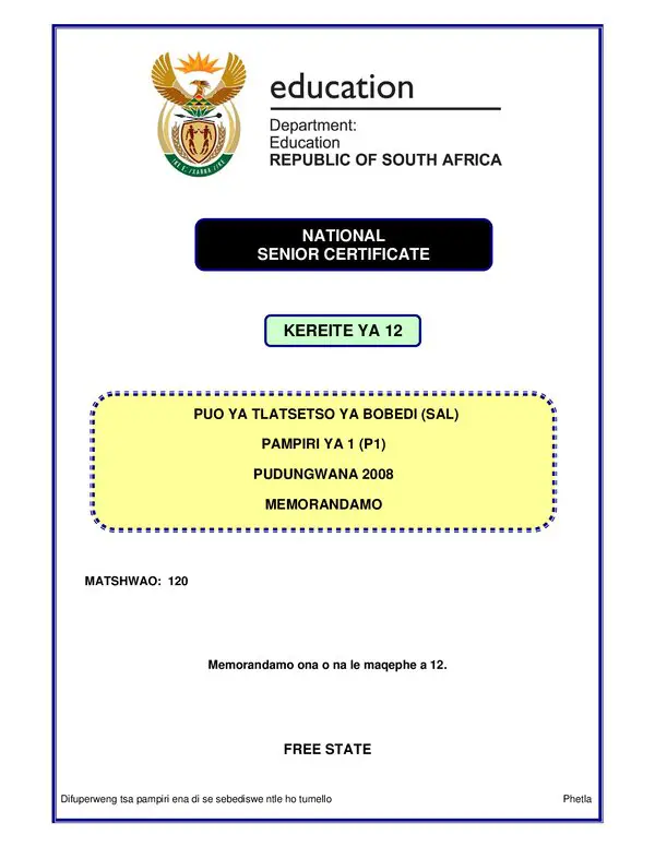 Sesotho Sal P1 (Free State) Memo