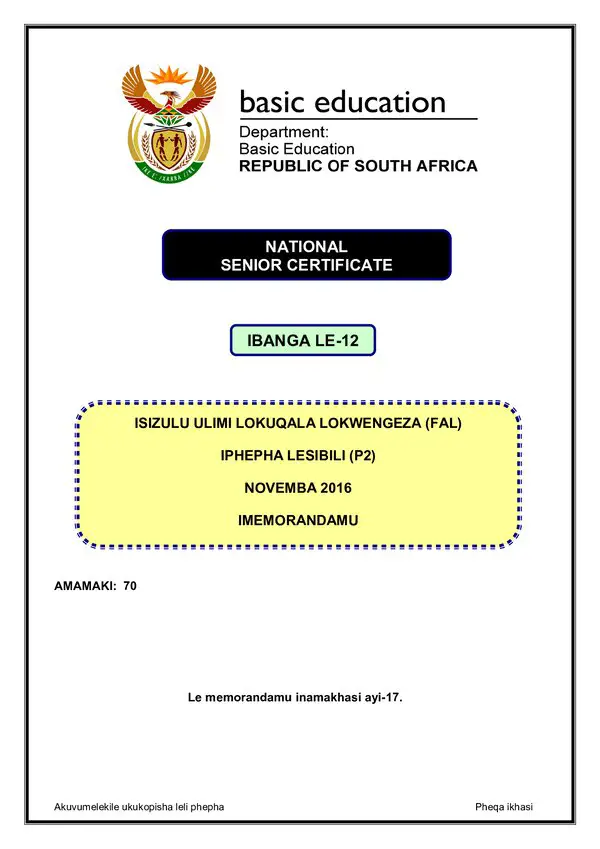 Grade 12 isiZulu past paper 2016 – IsiZulu FAL P2 memo
