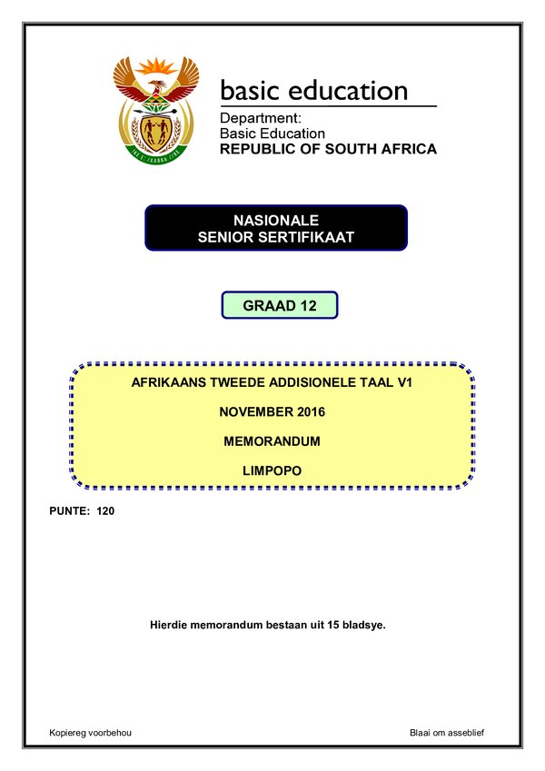 Grade 12 Afrikaans past paper 2016 – Afrikaans SAL P1 memo (Limpopo)