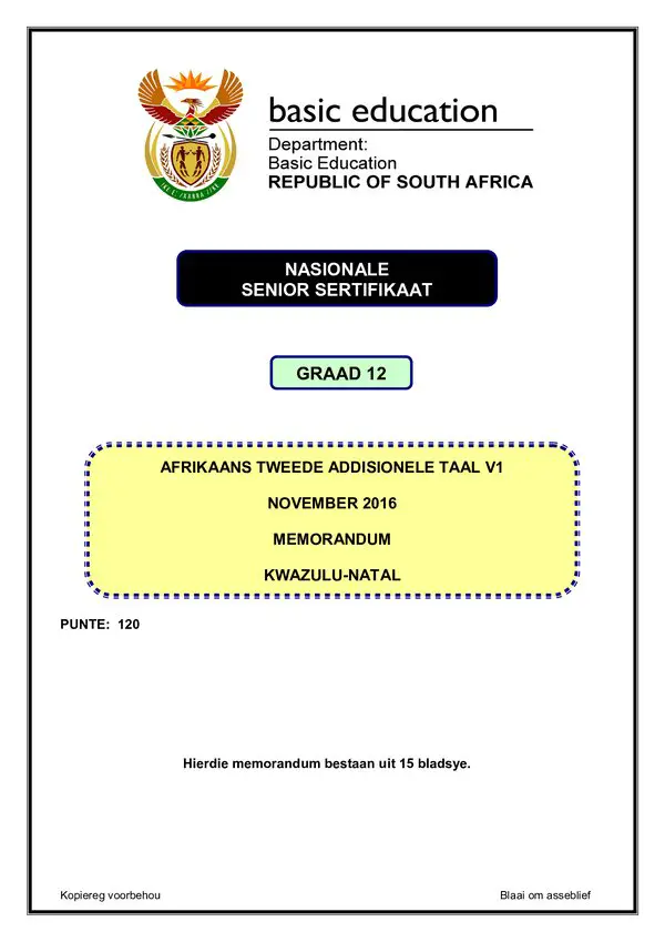 Afrikaans Sal P1 Memo (Kwazulu Natal)