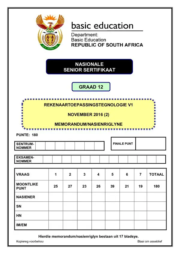 Grade 12 Rekenaartoepassingstegnologie past paper 2012 – Computer Application Technology Memo P1 Afr BackUp