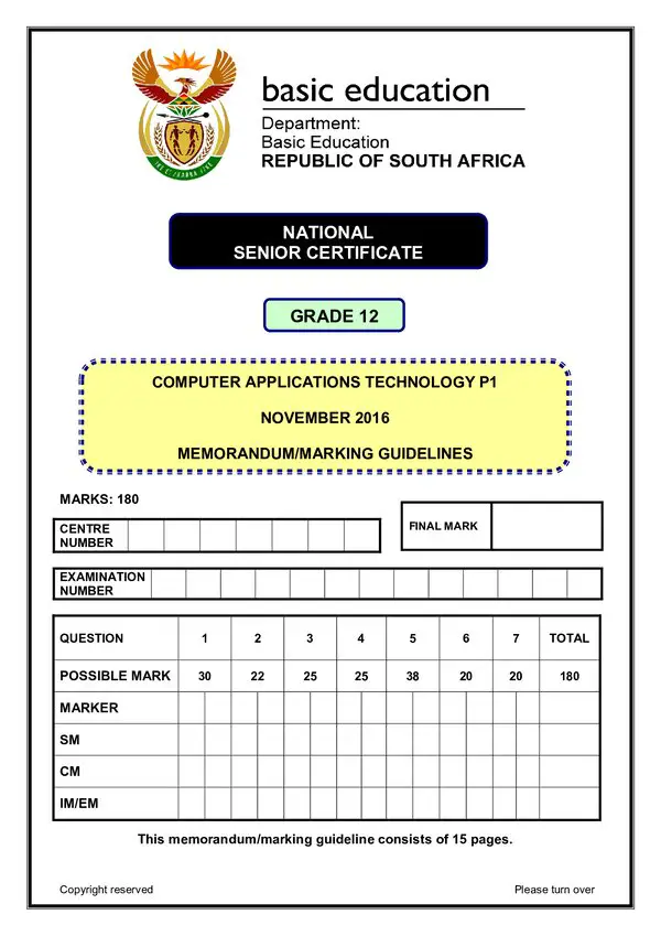 Grade 12 English past paper 2016 – Computer Application Technology Memo 1 (English)
