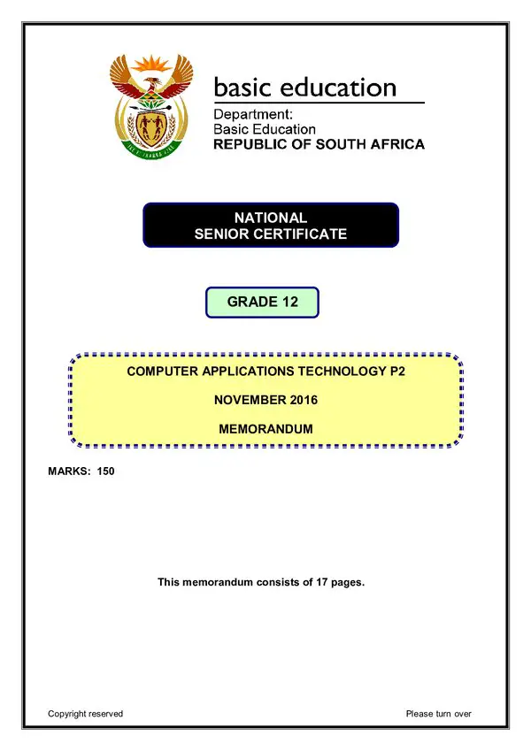 Grade 12 English past paper 2016 – Computer Application Technology Memo 2 (English)