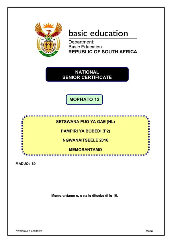 Setswana Hl P2 Memo