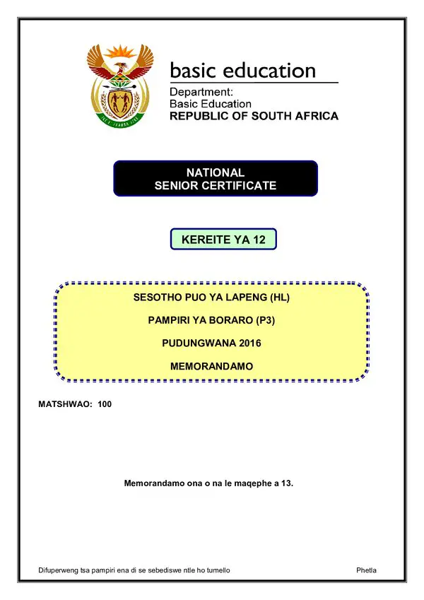 Sesotho Hl P3 Memo
