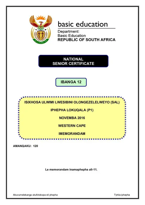 Isixhosa Sal P1 Western Cape Memo