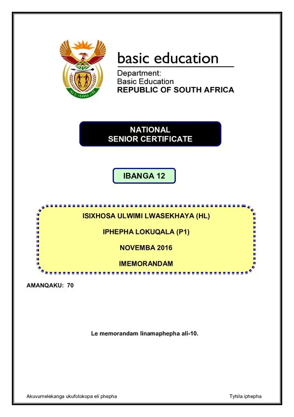 Isixhosa Hl P1 Memo