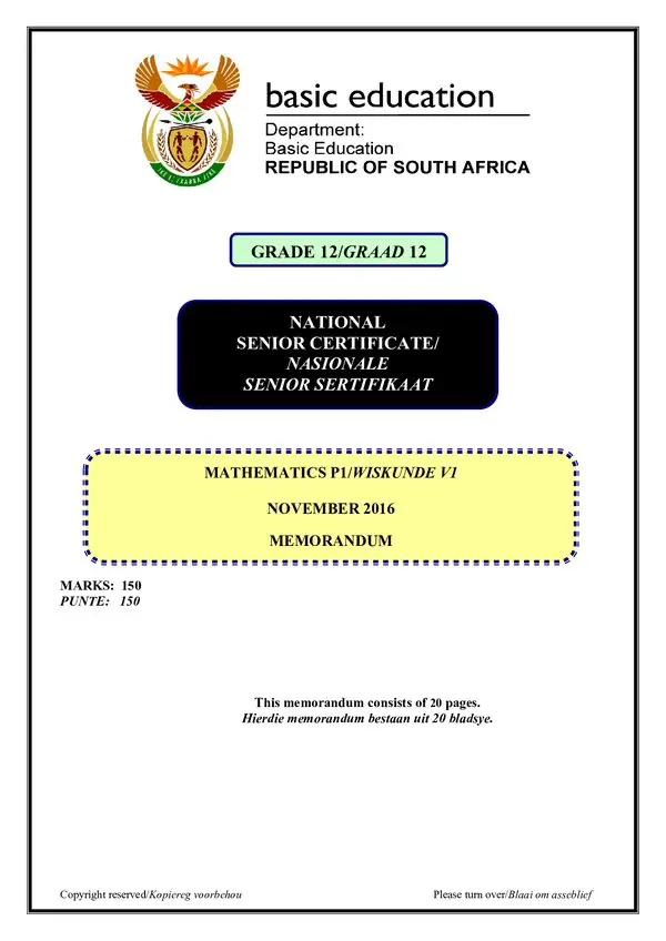 Mathematics Memo 1 (Afrikaans And English)