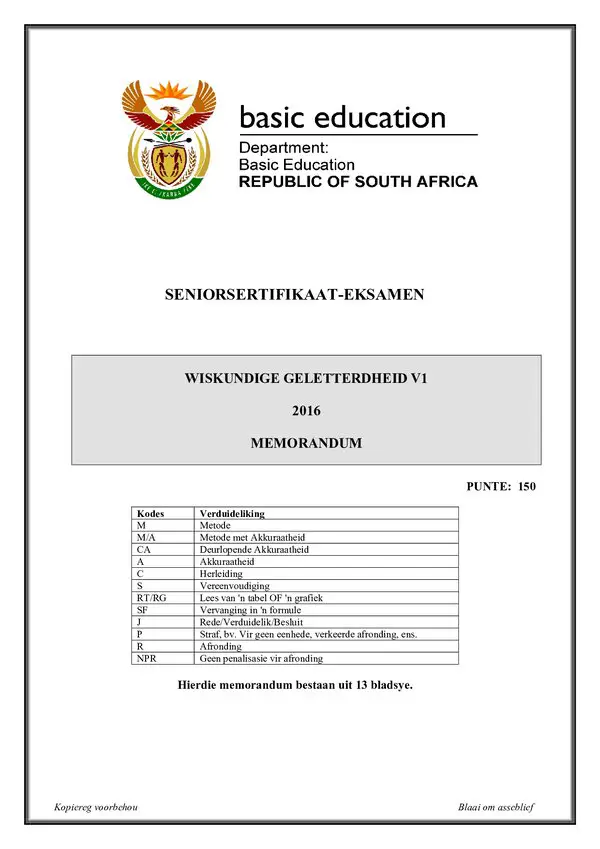 Mathematical Literacy Memo 1 (Afrikaans)