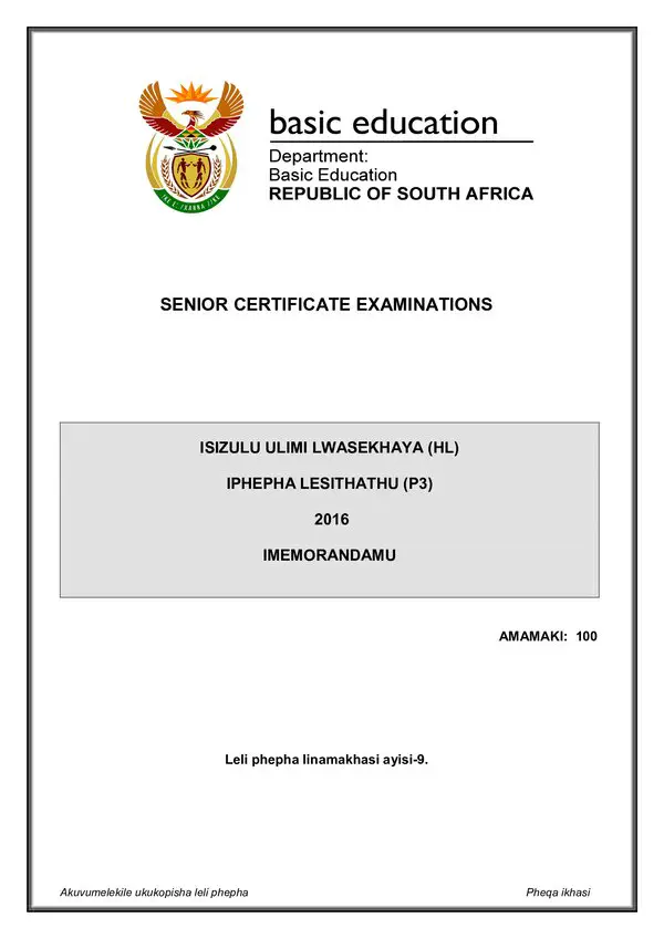 Grade 12 isiZulu past paper 2016 – IsiZulu HL P3 memo