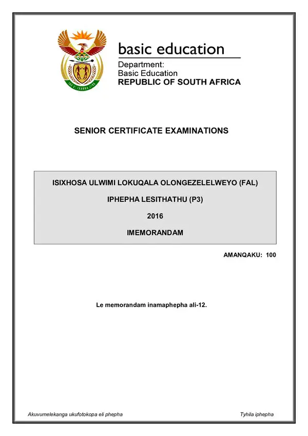 Isixhosa Fal P3 Memo