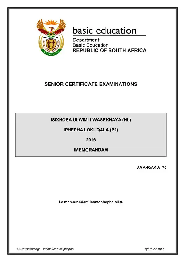 Isixhosa Hl P1 Memo