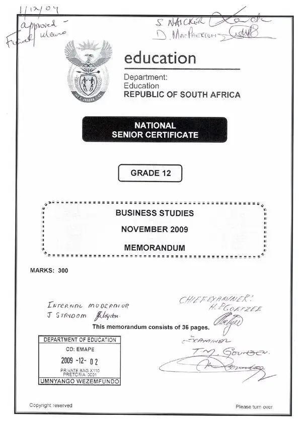 Business Studies Memo 1 (English)