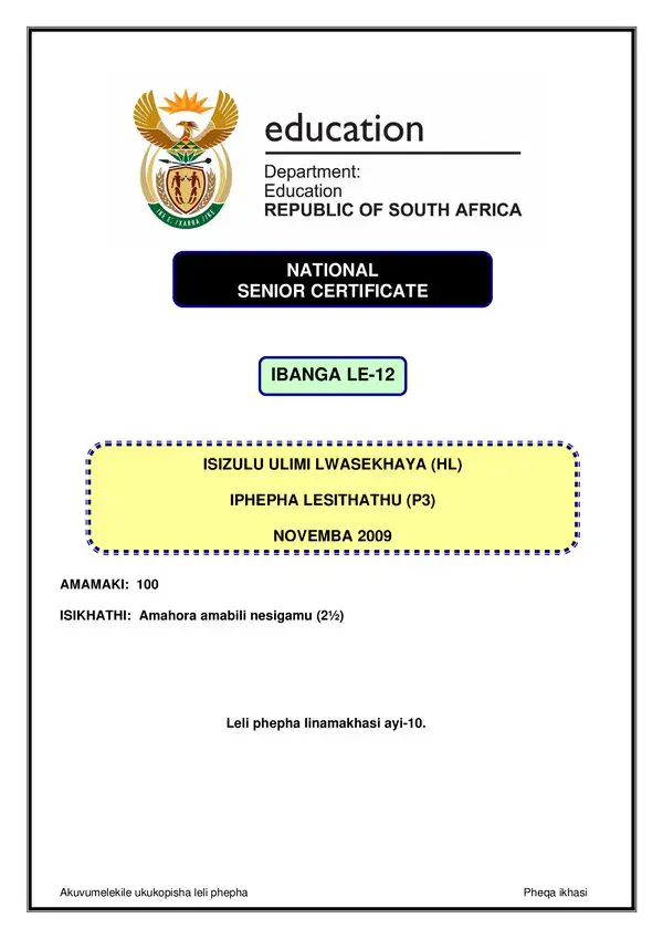 Grade 12 isiZulu past paper 2009 – IsiZulu HL P3