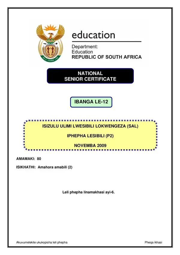 Grade 12 isiZulu past paper 2009 – IsiZulu SAL P2
