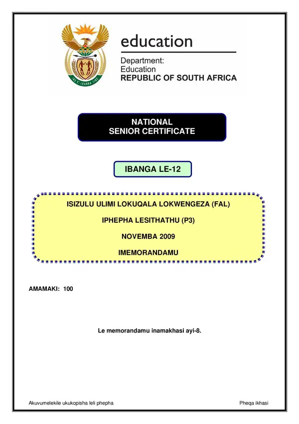 Grade 12 isiZulu past paper 2009 – IsiZulu FAL P3 memo