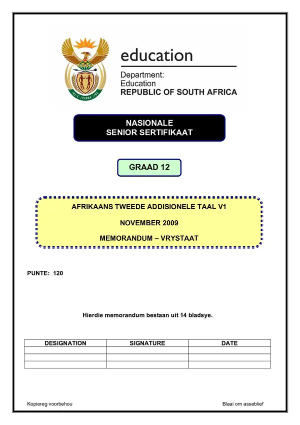 Afrikaans Sal P1 Memo (Free State)