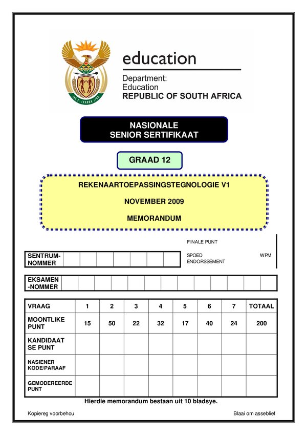 Grade 12 Afrikaans past paper 2009 – Computer Application Technology Memo 1 (Afrikaans)
