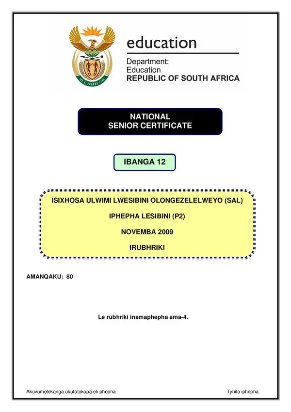 Isixhosa Sal P2 Rubrics