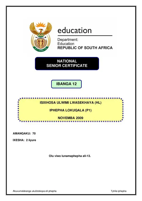 Grade 12 isiXhosa past paper 2009 – IsiXhosa HL P1