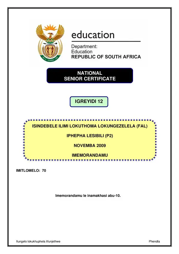 Grade 12 isiNdebele past paper 2009 – IsiNdebele FAL P2 memo