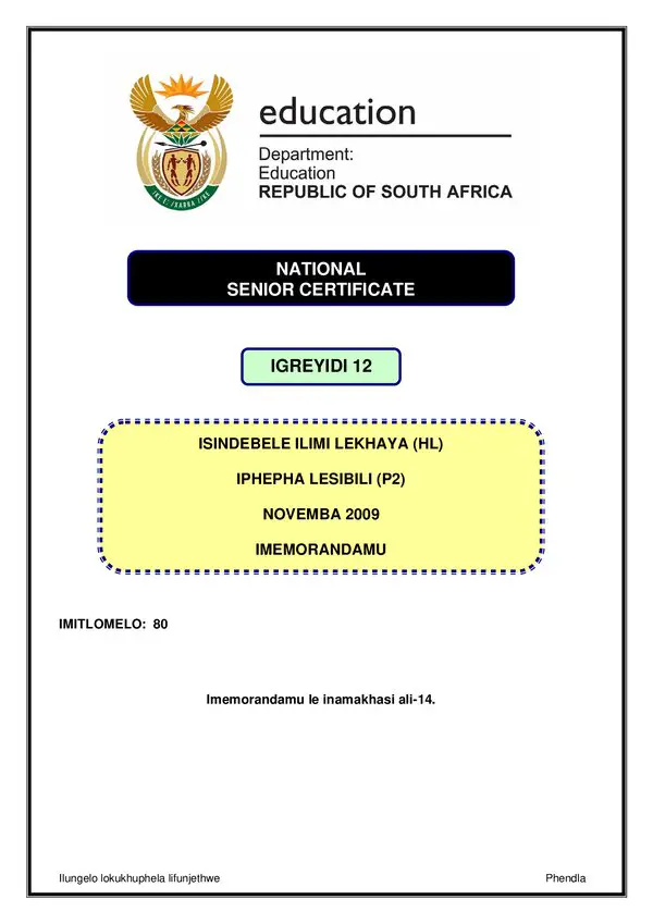 Grade 12 isiNdebele past paper 2009 – IsiNdebele HL P2 memo