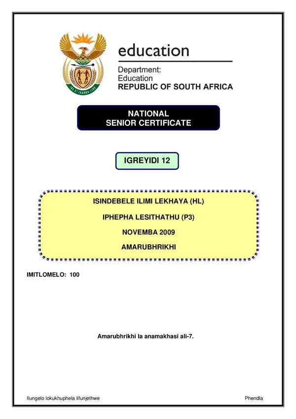 Isindebele Hl P3 Rubric