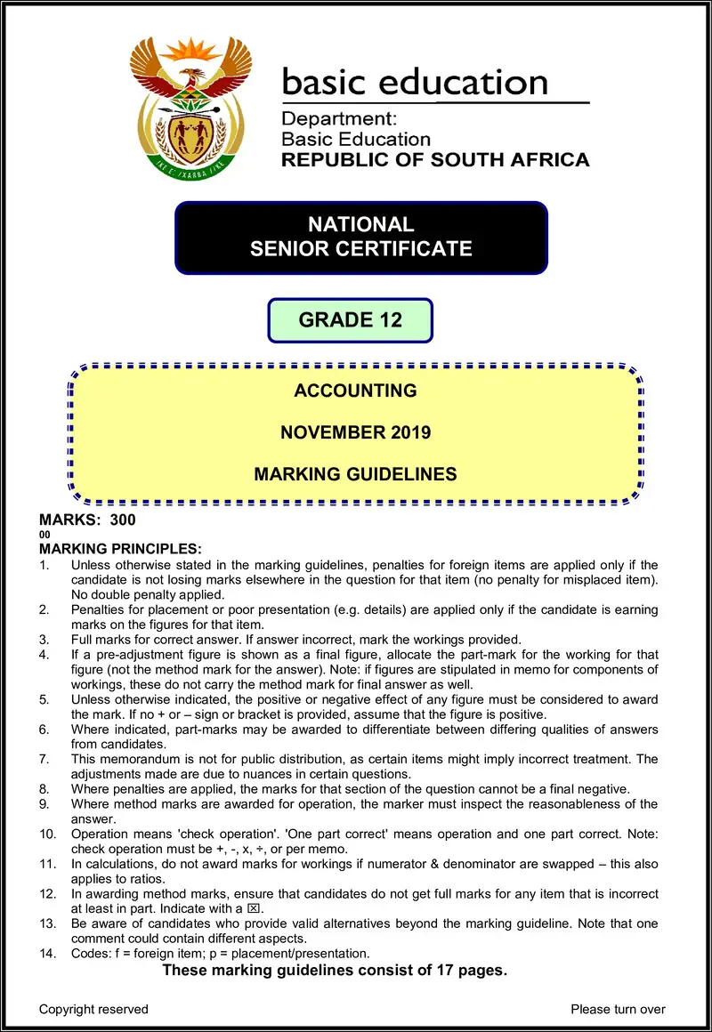 Grade 12 Accounting past paper 2019 – accounting nov 2019 nov 2019 memo eng gr12