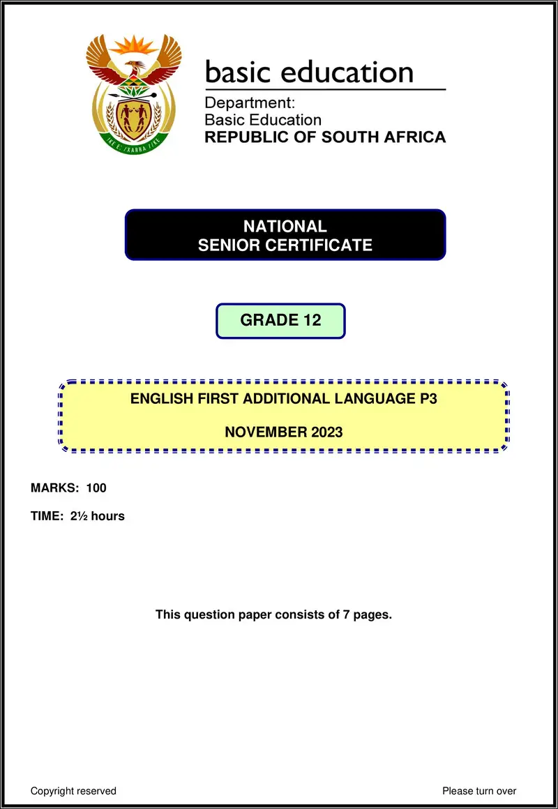 Grade 12 English past paper 2023 – english fal p3 nov 2023 gr12