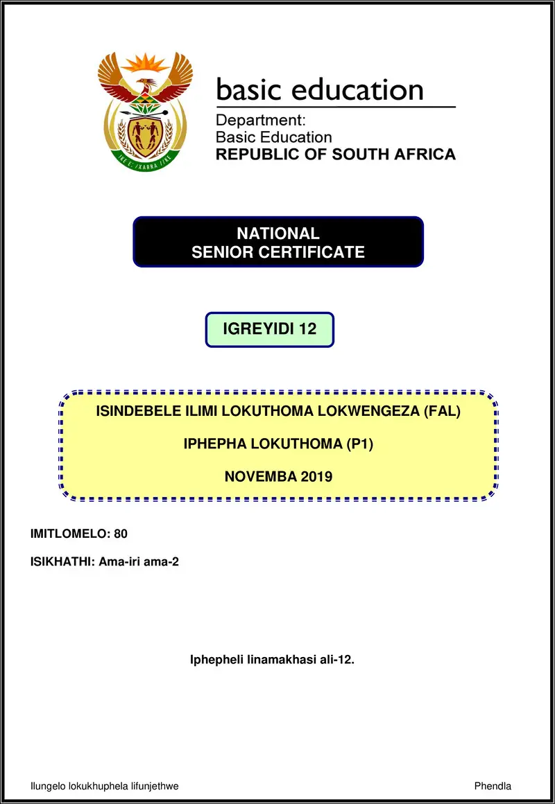 Isindebele Fal P1 Nov 2019 Gr12